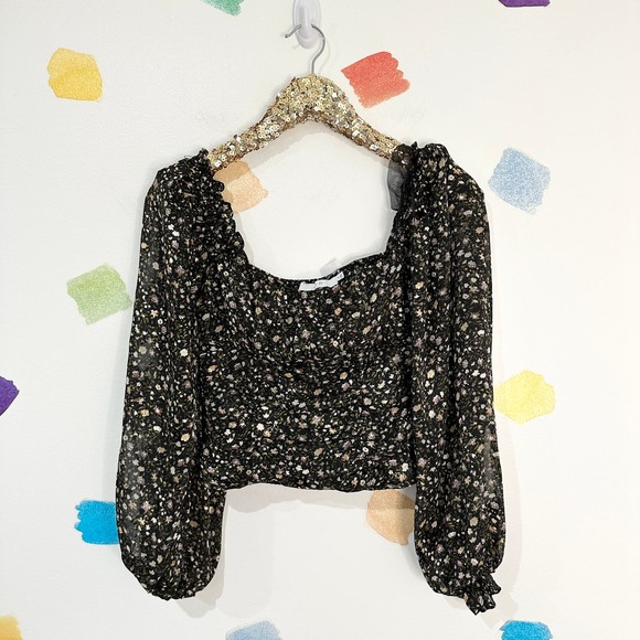 Astr Tops - S ASTR the Label Black Revolve Floral Print Ruched Long Sleeve Crop Top